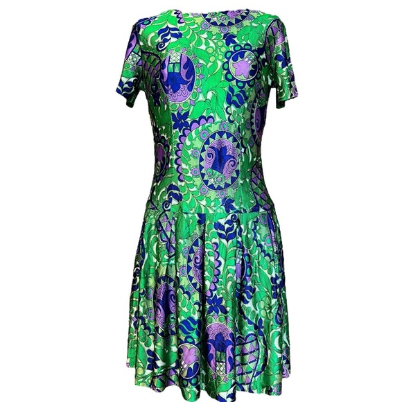 Vintage Dresses & Skirts - Vintage Retro Green Purple Vibrant Handmade Dress Mod 60s MCM